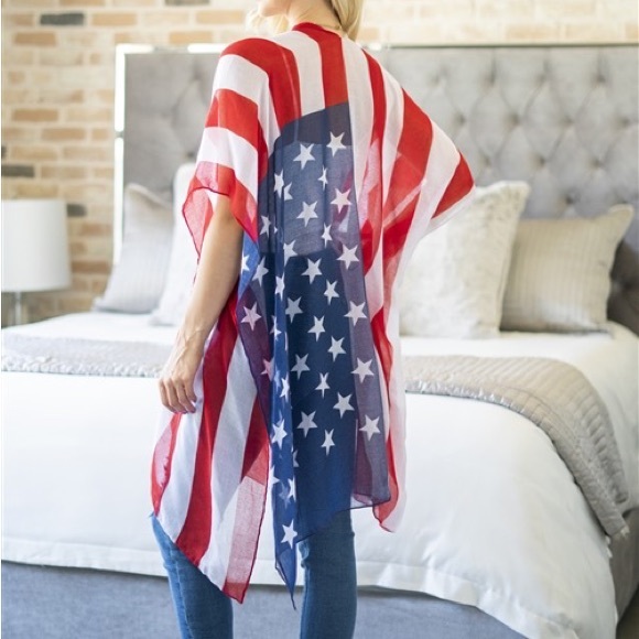 LIGHTWEIGHT USA AMERICAN FLAG ACCENT OPEN FRONT KIMONO OUTERWEAR - Picture 7 of 8
